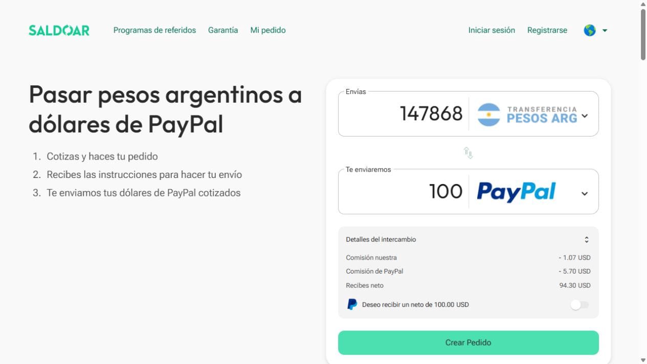 Cotizador de Saldoar para cambiar pesos argentinos de una transferencia bancaria por saldo PayPal.